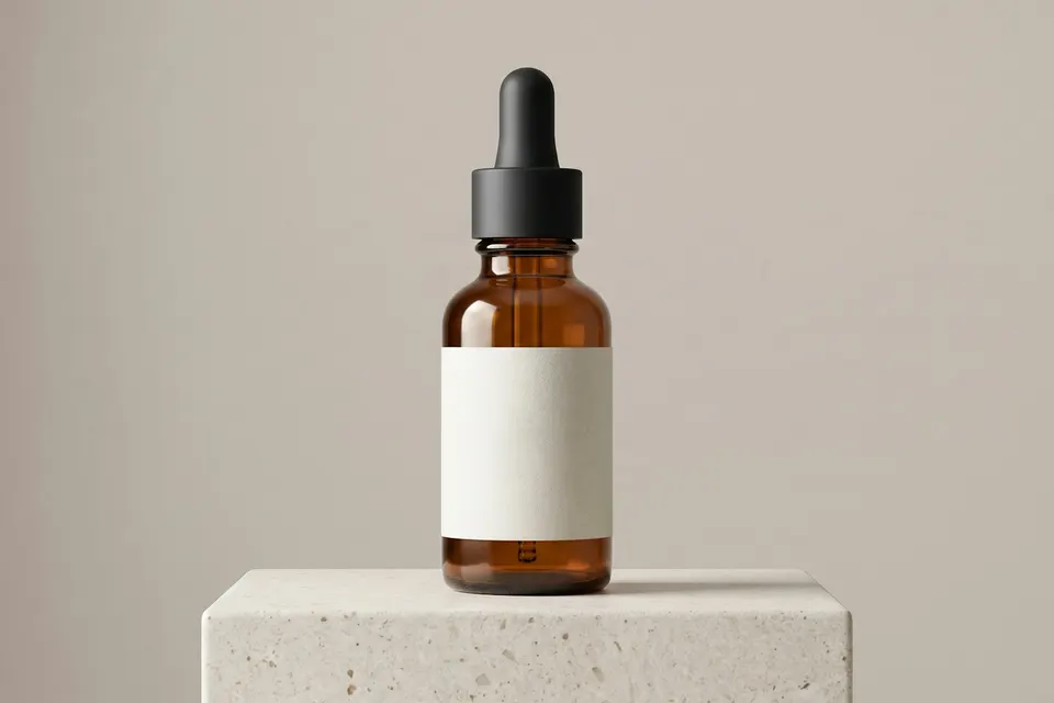 Amber serum bottle on light stone